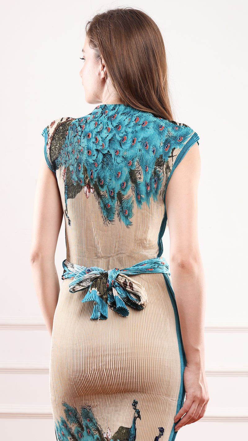 Beige Peacock Print Pleated Satin Column Dress