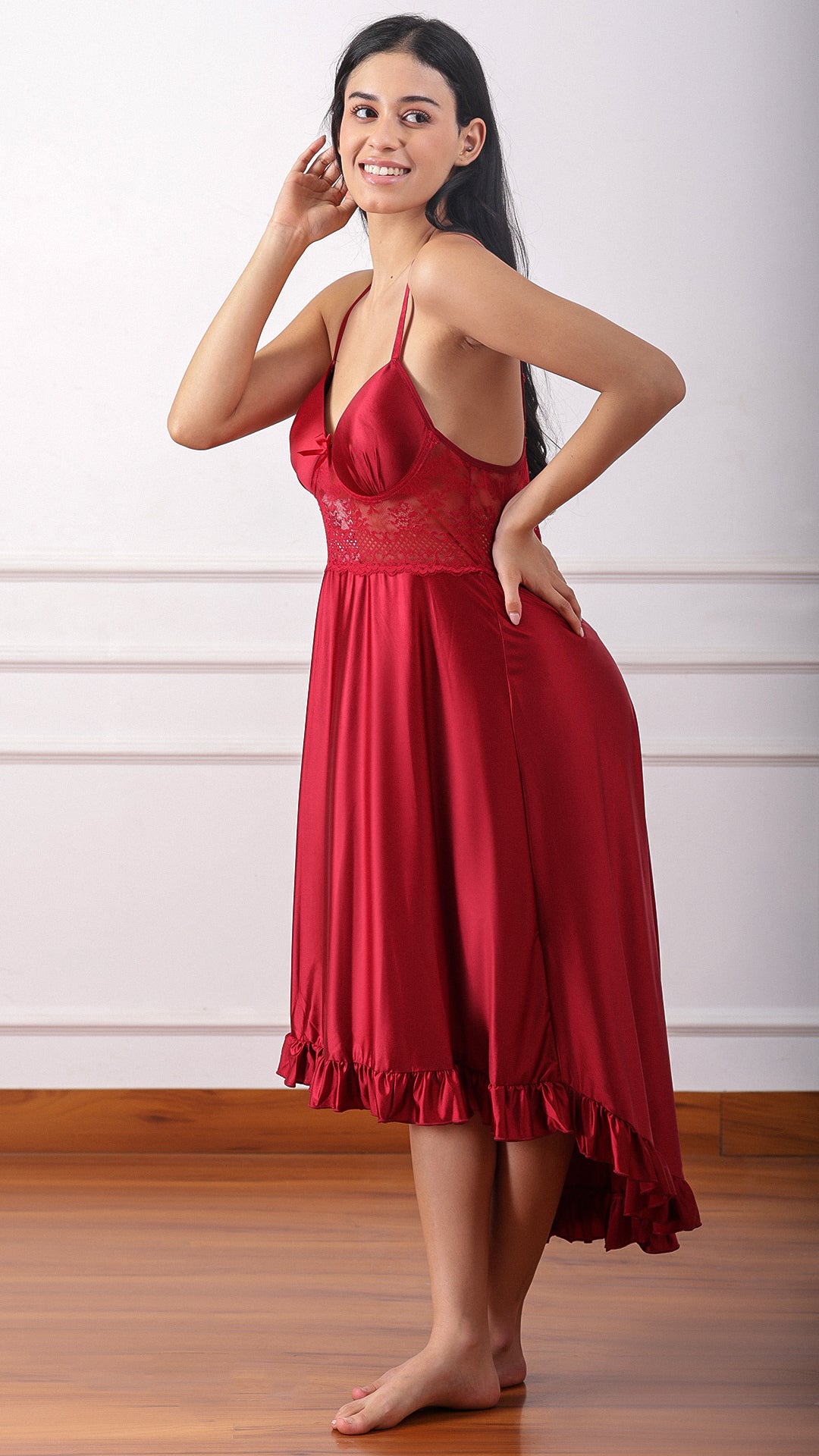 Maroon satin slip dress without robe, side view