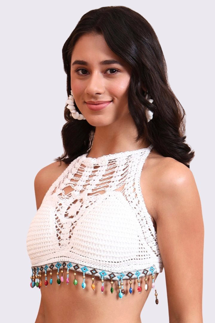 AXTZH Crochet Halter Beachwear Bra Top with Handcrafted Detailing and Playful Design-X0169-WHITE6-BW1PBL