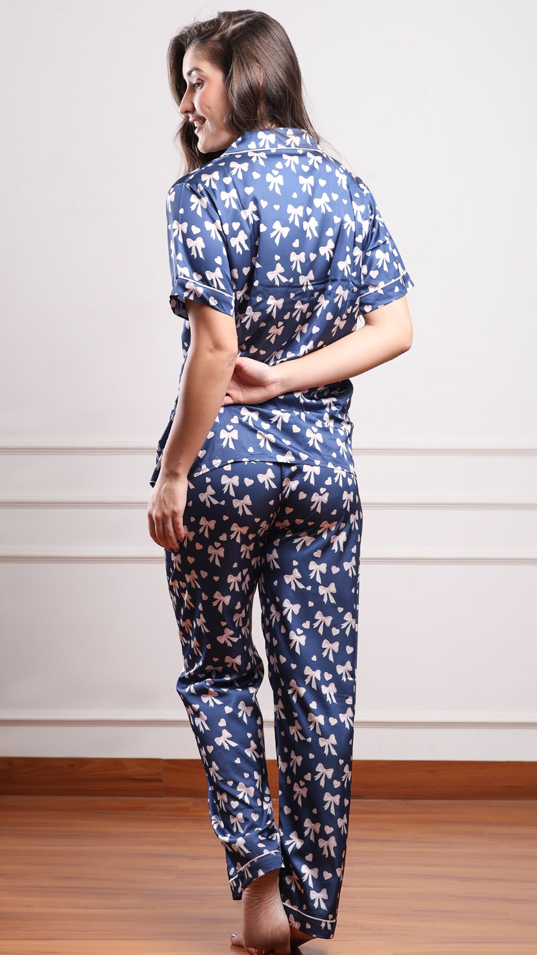 Navy Bow Print Satin 3pc Set – Shirt, Shorts & Pant