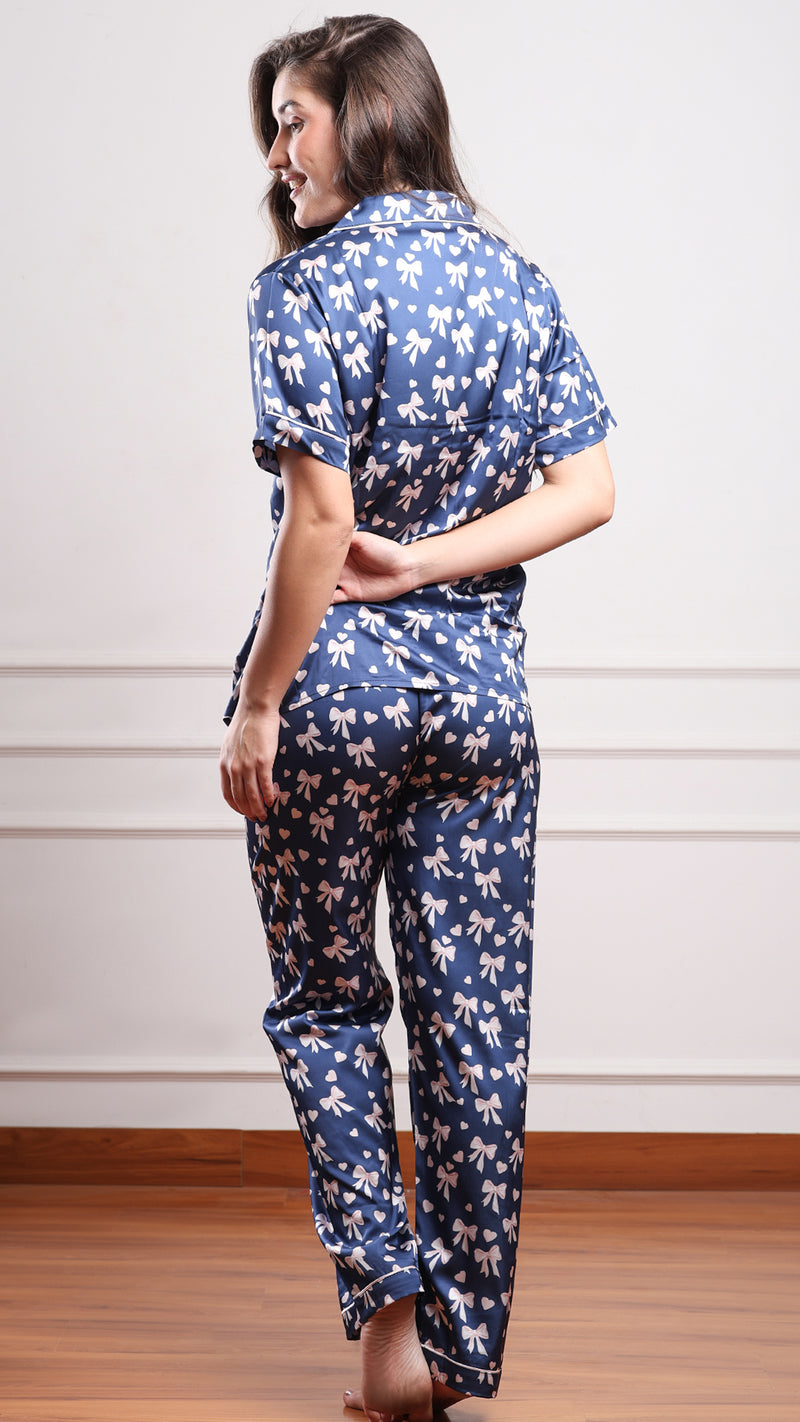 Navy Bow Print Satin 3pc Set – Shirt, Shorts & Pant
