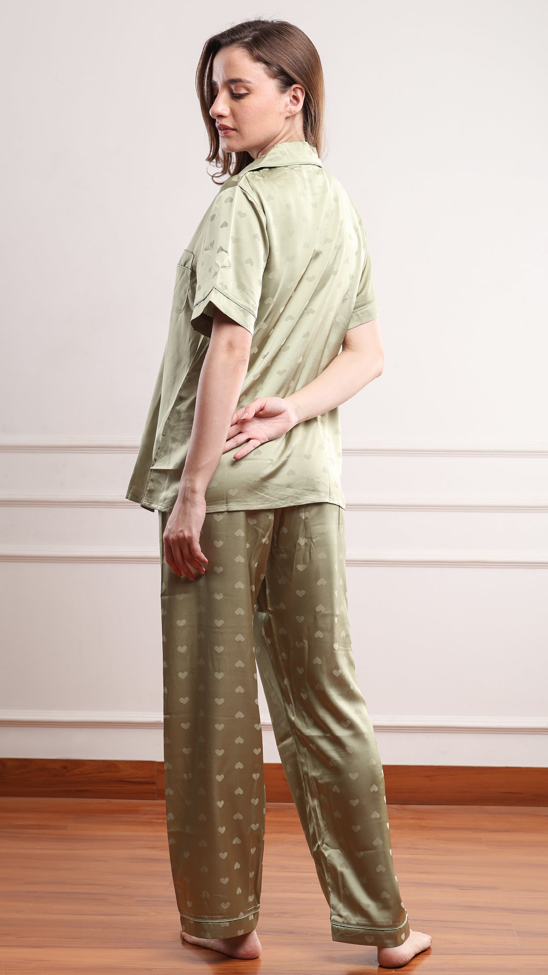 Mint Heart Jacquard Satin Pajama Set — Shirt, Shorts & Pants