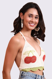 AXTZH Crochet Halter Beachwear Bra Top with Handcrafted Detailing and Playful Design-X0169-CREAM-BW1PBL