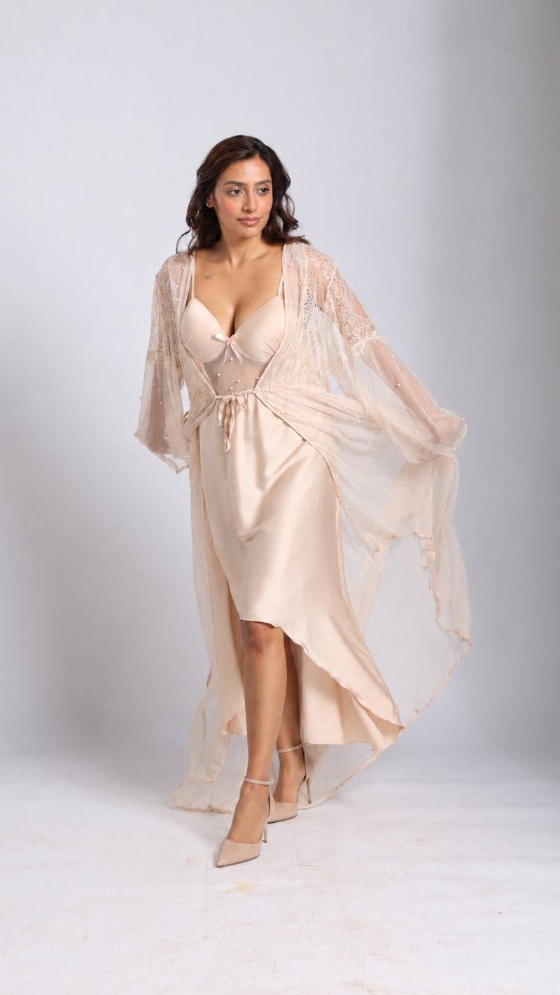 Champagne Satin Nighty & Robe Set with Beaded Sleeves