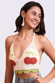 AXTZH Crochet Halter Beachwear Bra Top with Handcrafted Detailing and Playful Design-X0169-CREAM-BW1PBL