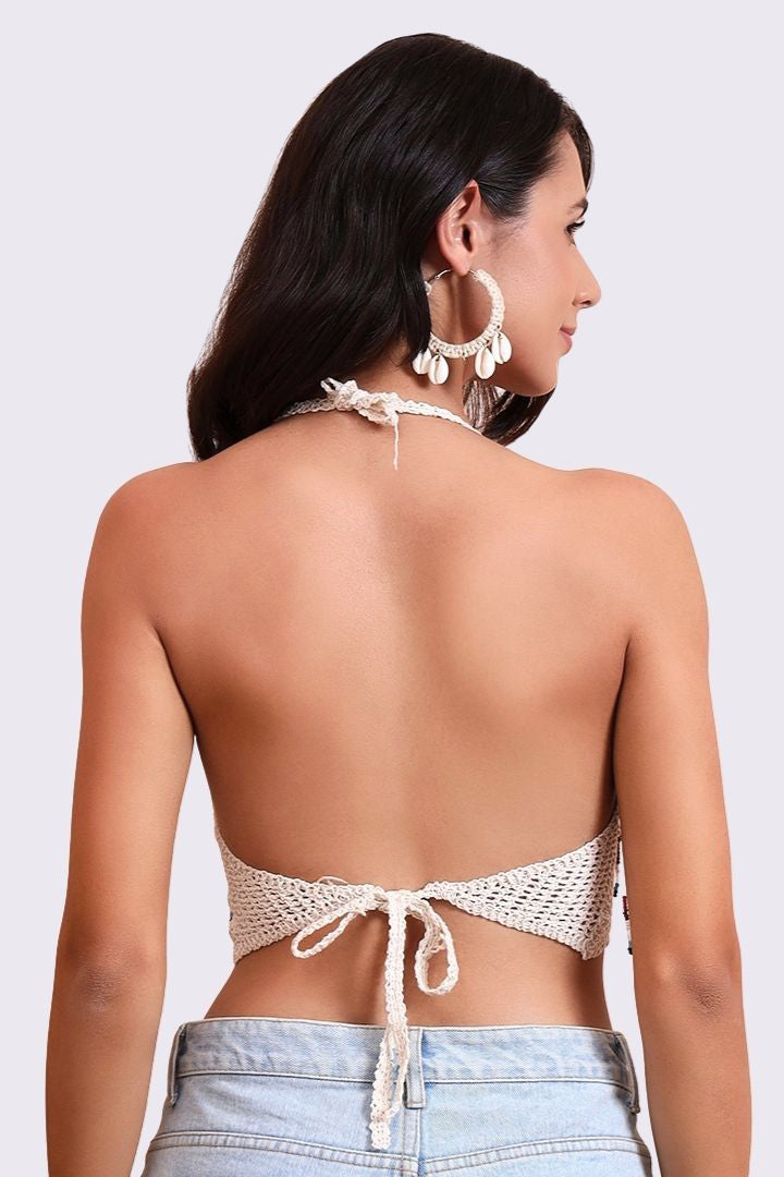 AXTZH Crochet Halter Beachwear Bra Top with Handcrafted Detailing and Playfu-X0169-BEIGE3-BW1PBL