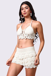 AXTZH Crochet Halter Beachwear Bra Top with Handcrafted Detailing and Playfu-X0169-BEIGE10-BW1PBL