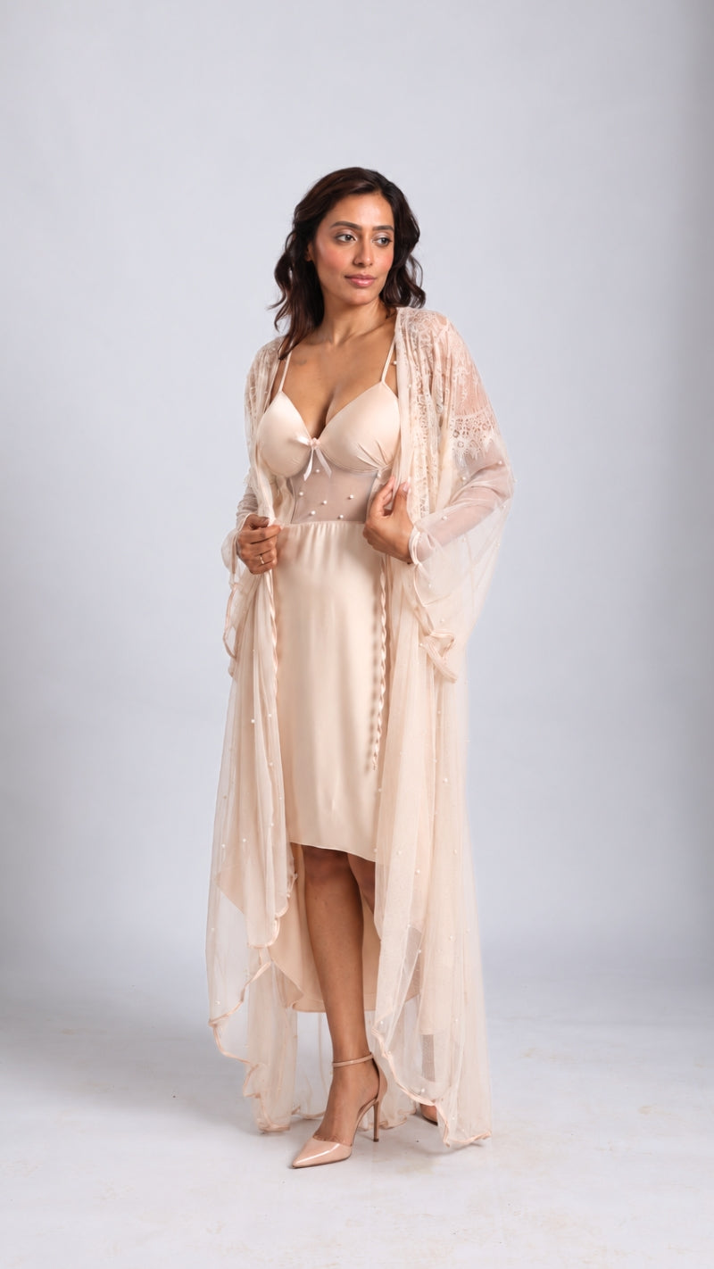Champagne Satin Nighty & Robe Set with Beaded Sleeves
