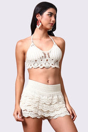 AXTZH Crochet Halter Beachwear Bra Top with Handcrafted Detailing and Playfu-X0169-BEIGE10-BW1PBL
