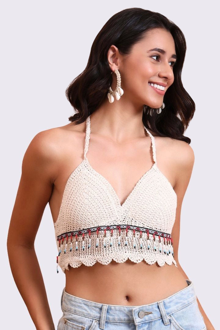 AXTZH Crochet Halter Beachwear Bra Top with Handcrafted Detailing and Playfu-X0169-BEIGE3-BW1PBL