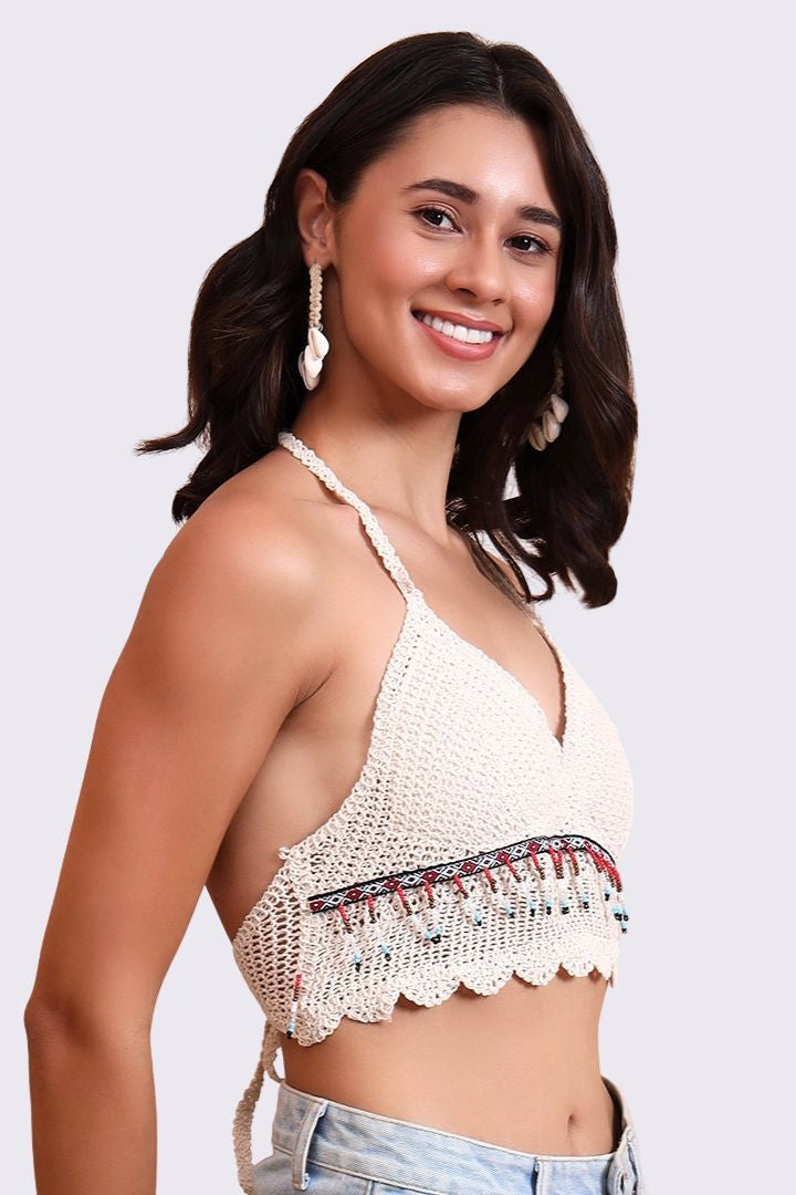 AXTZH Crochet Halter Beachwear Bra Top with Handcrafted Detailing and Playfu-X0169-BEIGE3-BW1PBL