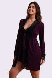 AXTZH Stylish Nightwear Duo with Flowing Outer Robe and Comfortable Inner Slip Dress X3233-MULBERRY-F11M
