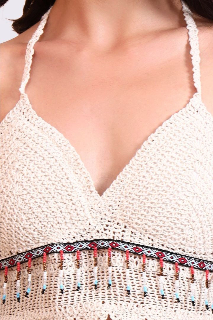 AXTZH Crochet Halter Beachwear Bra Top with Handcrafted Detailing and Playfu-X0169-BEIGE3-BW1PBL