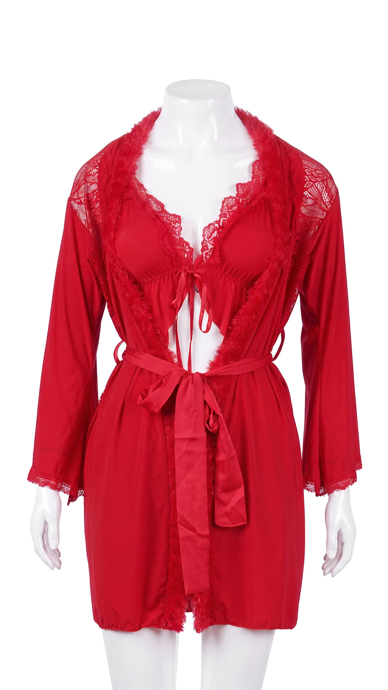 Red marabou-trim robe over lace-trimmed lingerie set on mannequin