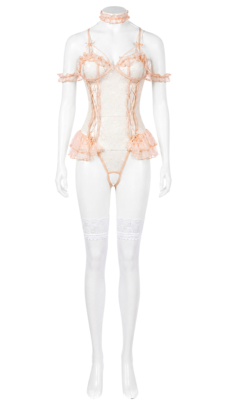 Mannequin display of peach lace-up bustier teddy with ruffle trim
