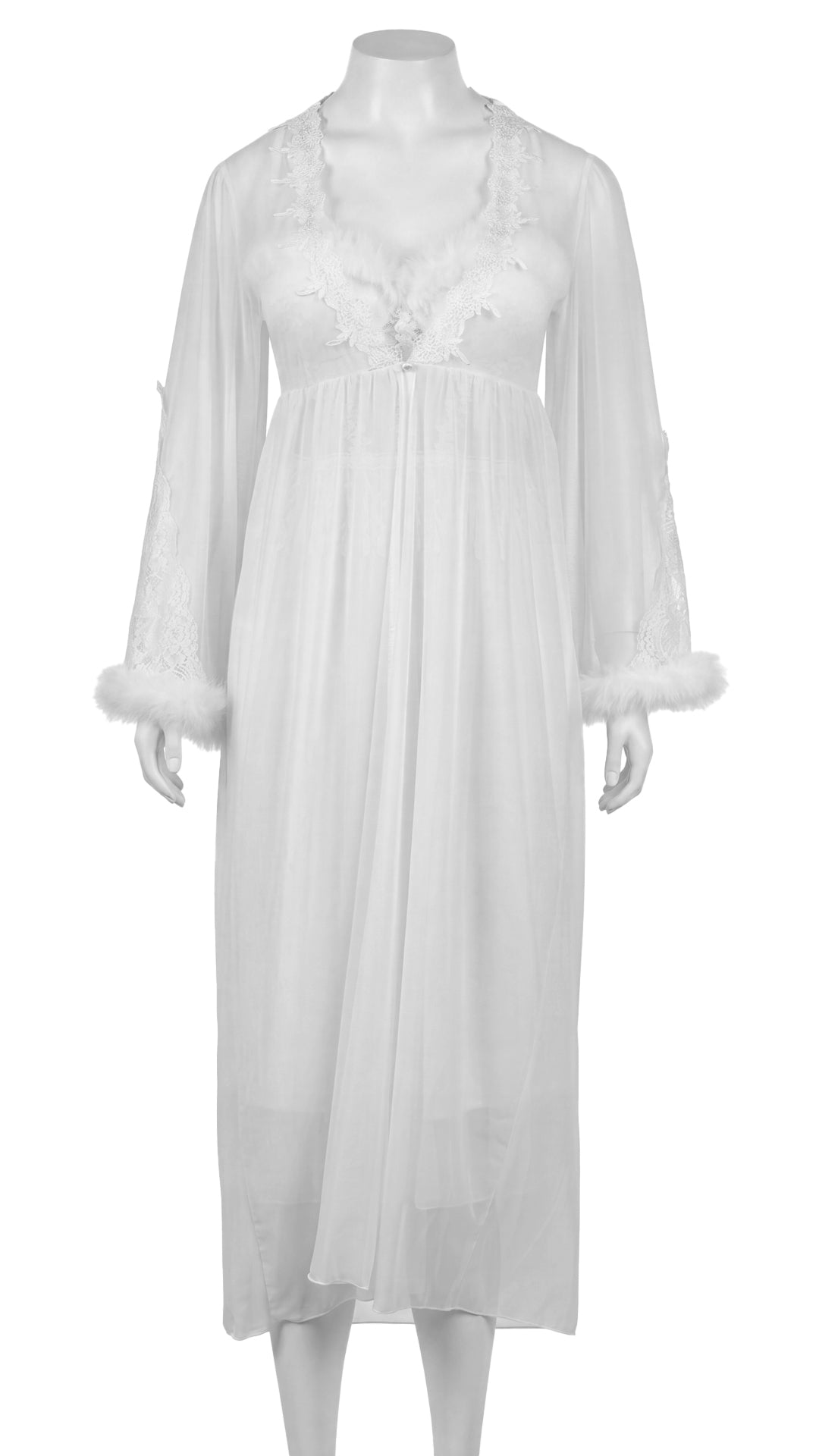 Front view of white feather-trim lace robe on mannequin