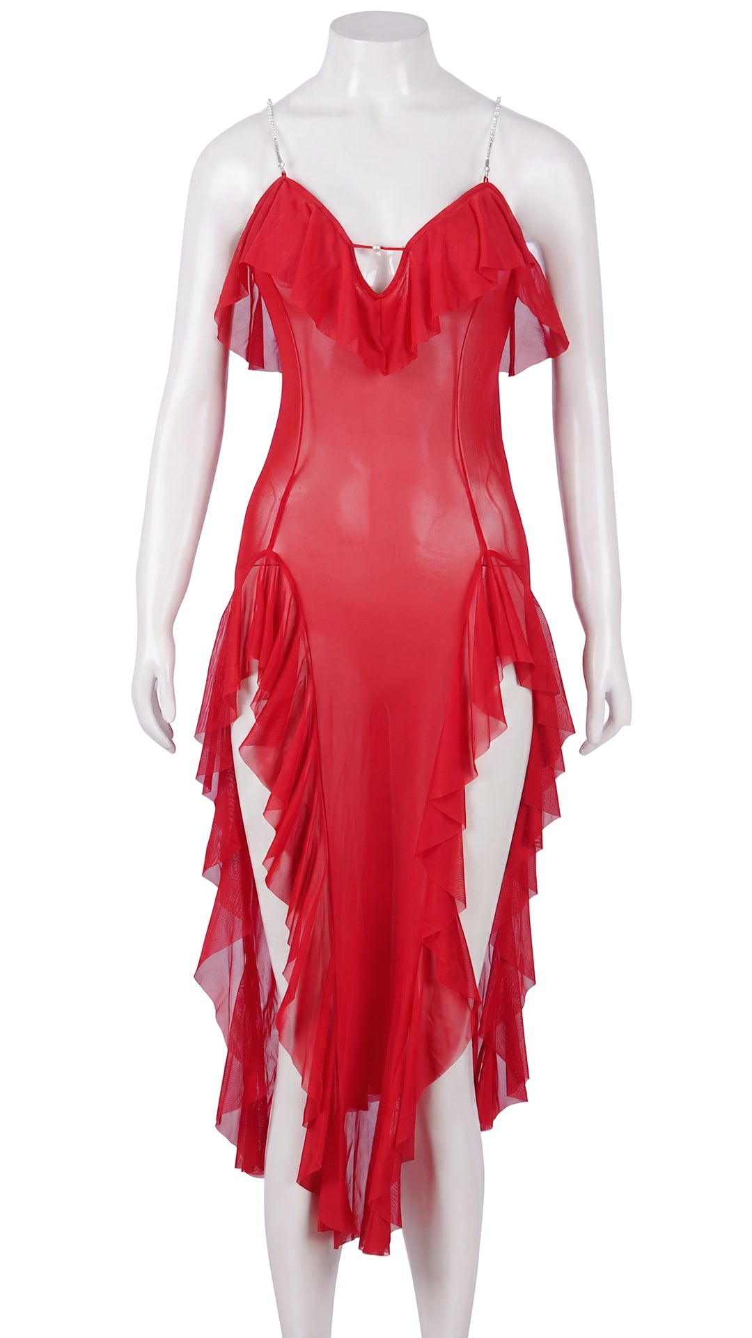 Red ruffled maxi dress on mannequin, back view