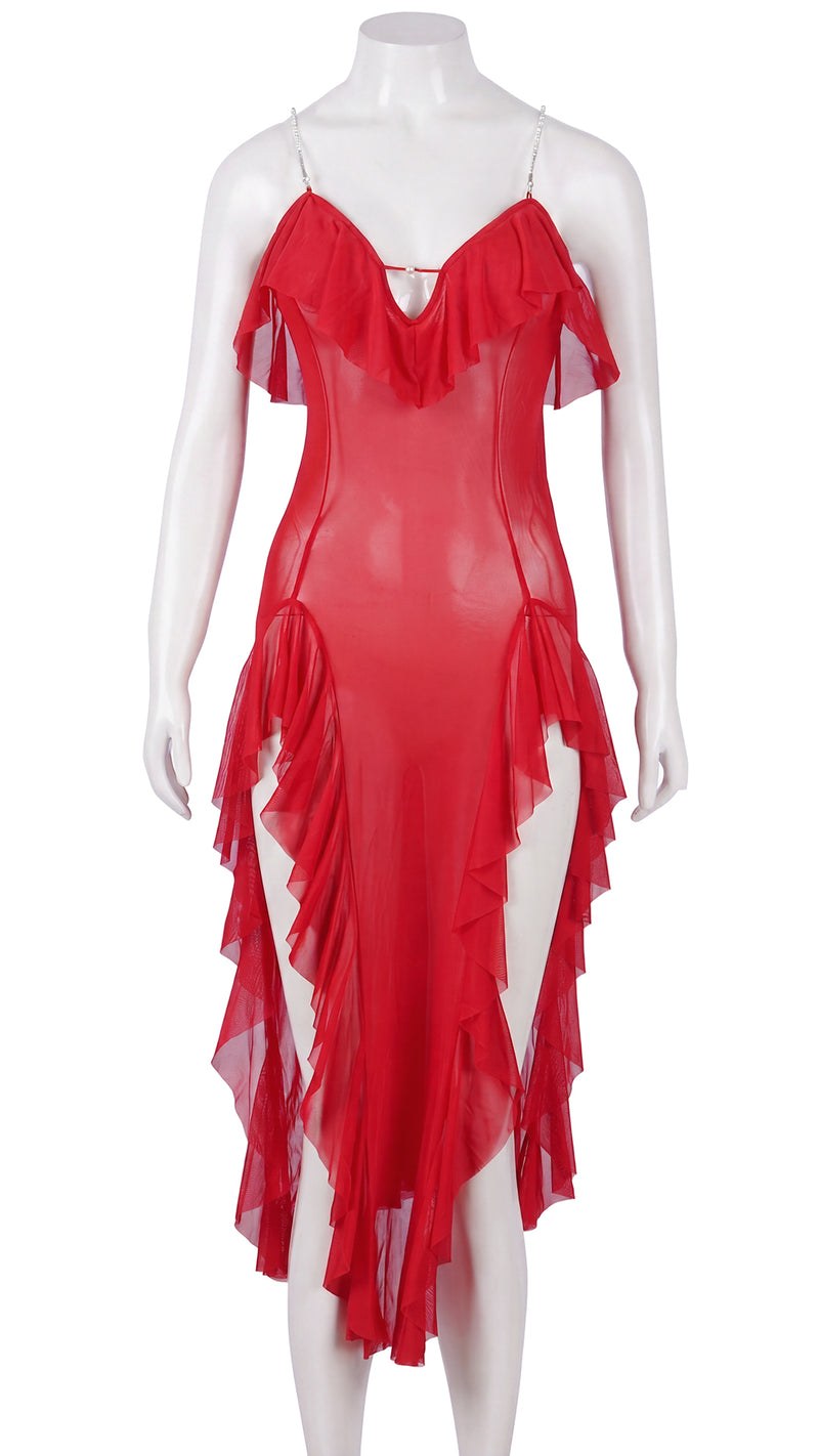 Red ruffled maxi dress on mannequin, back view