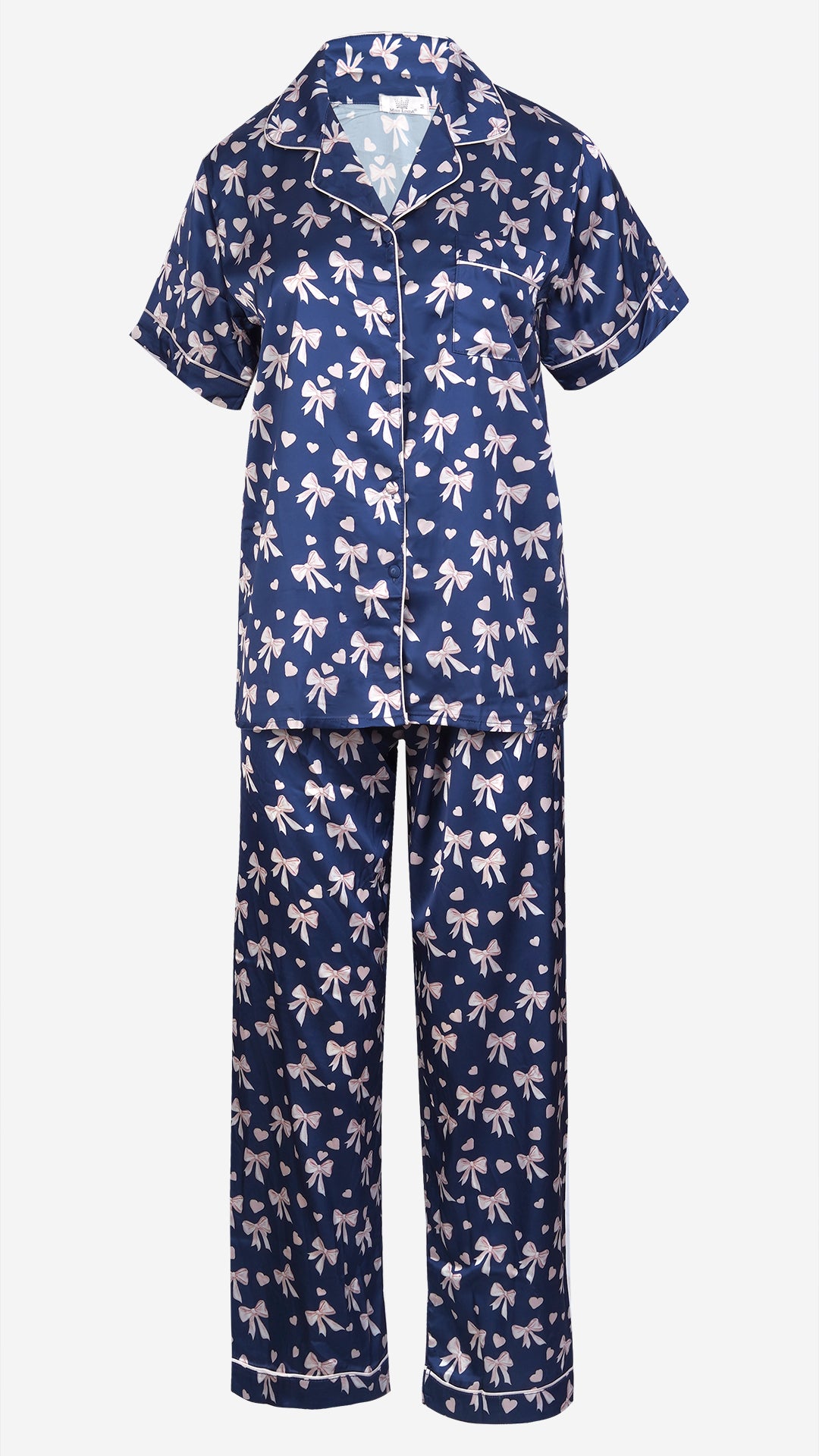 Navy Bow Print Satin 3pc Set – Shirt, Shorts & Pant