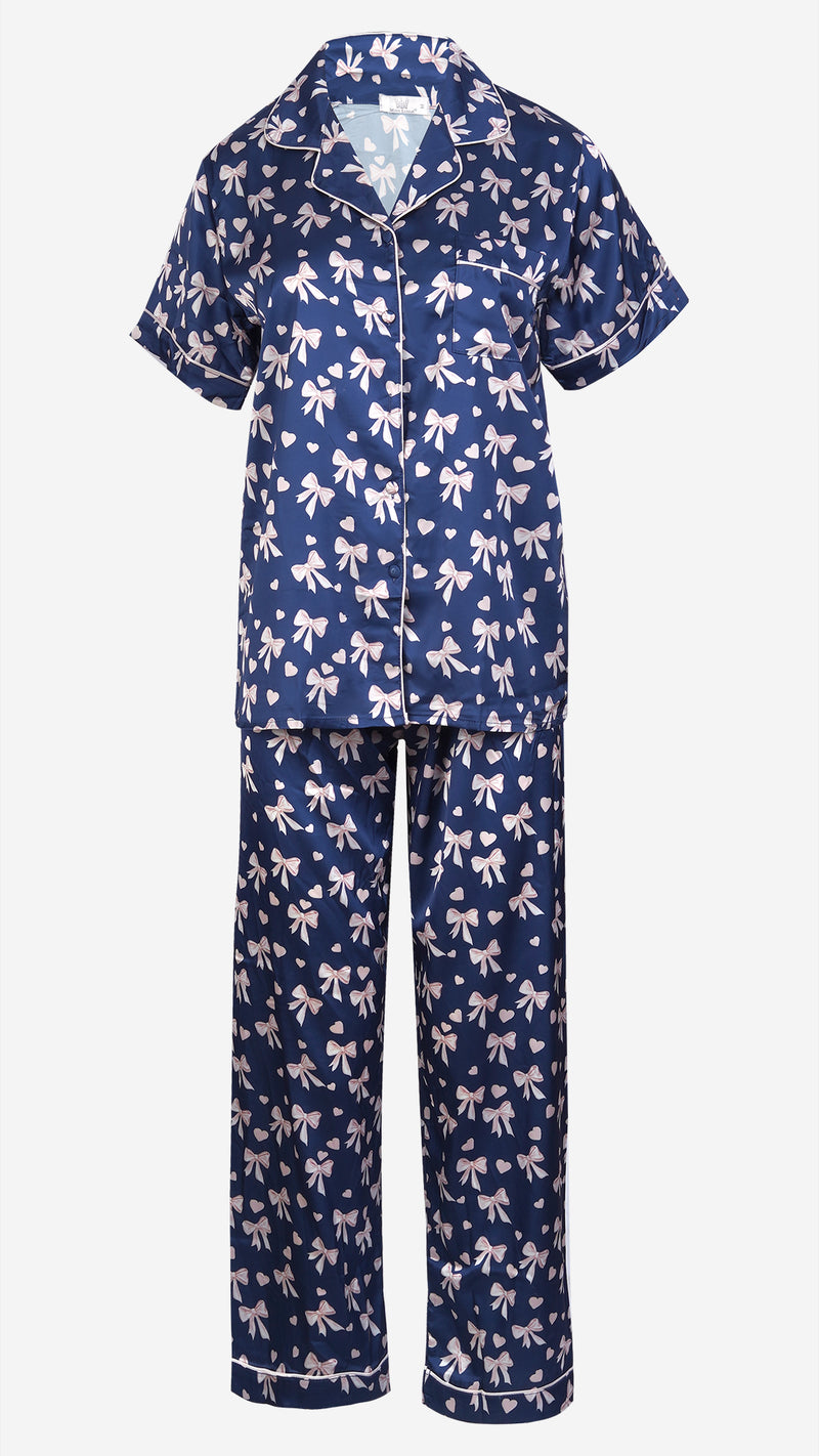 Navy Bow Print Satin 3pc Set – Shirt, Shorts & Pant