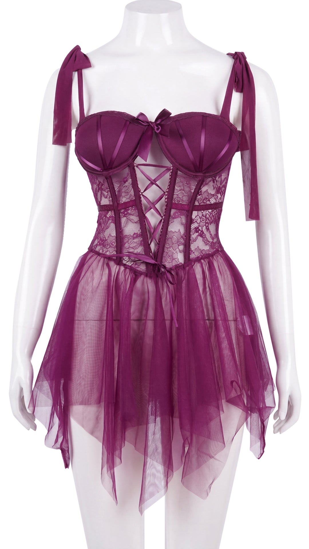 Front view of purple lace-up corset babydoll on mannequin
