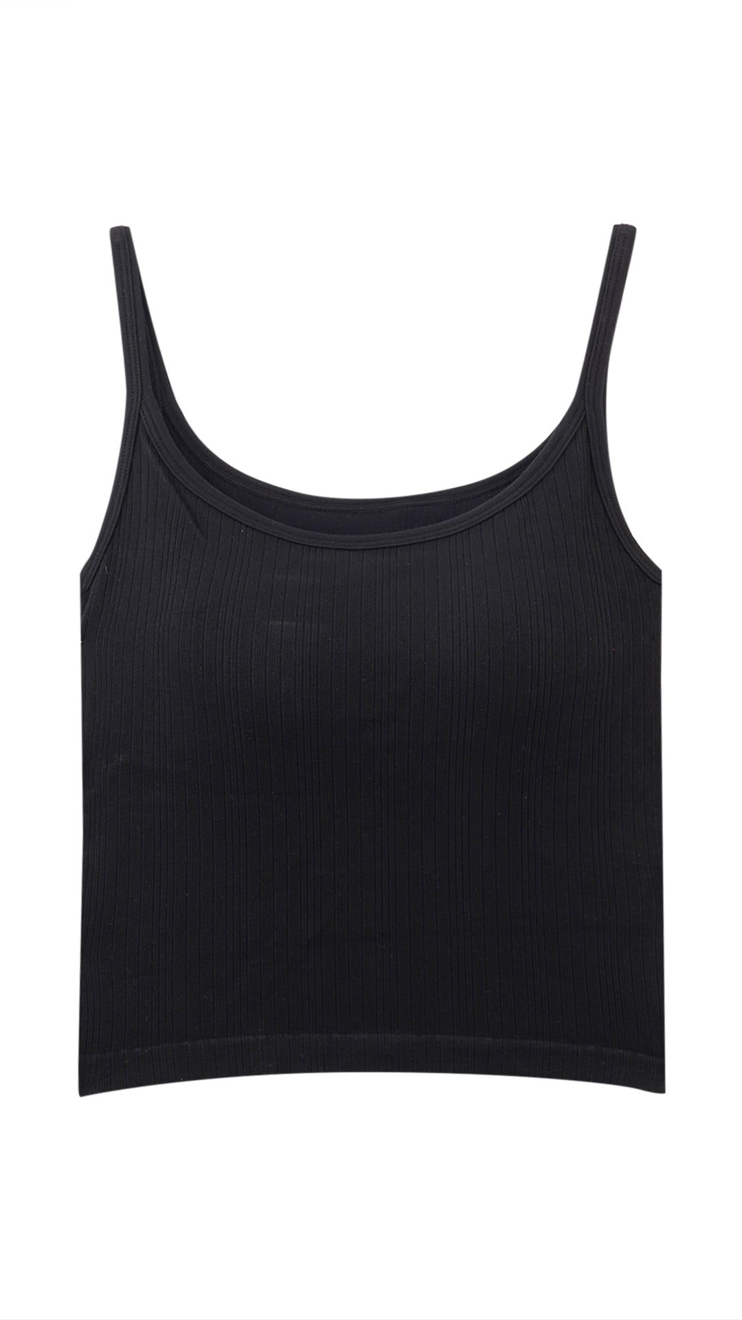 Black ribbed cami top flat lay, front view