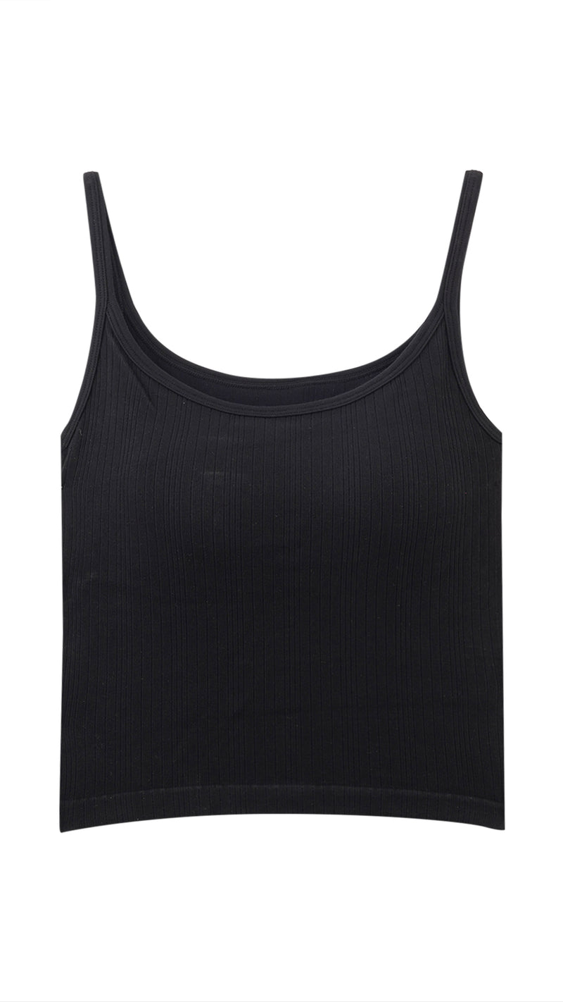 Black ribbed cami top flat lay, front view