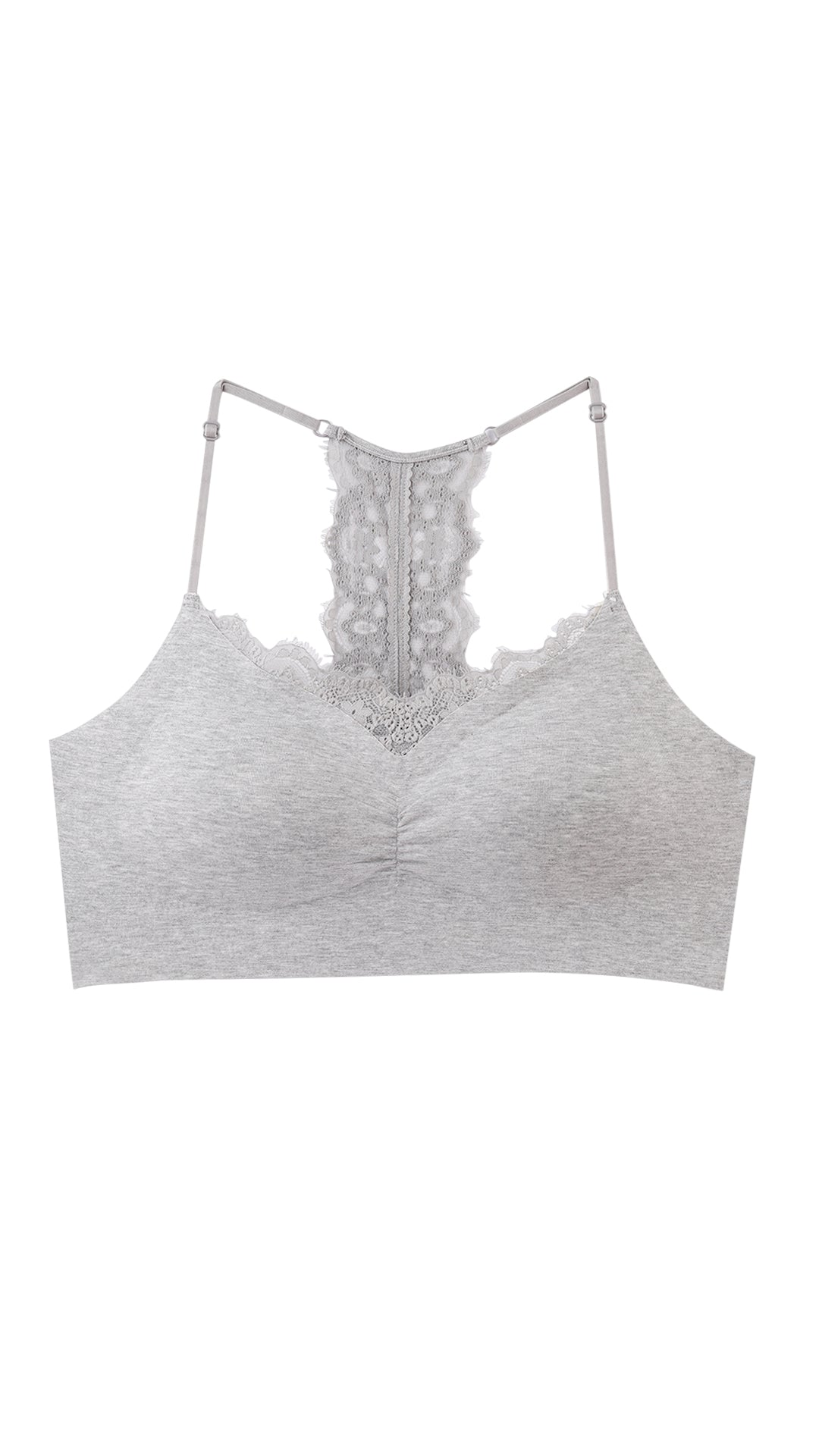 Product shot of grey racerback lace bralette on white background