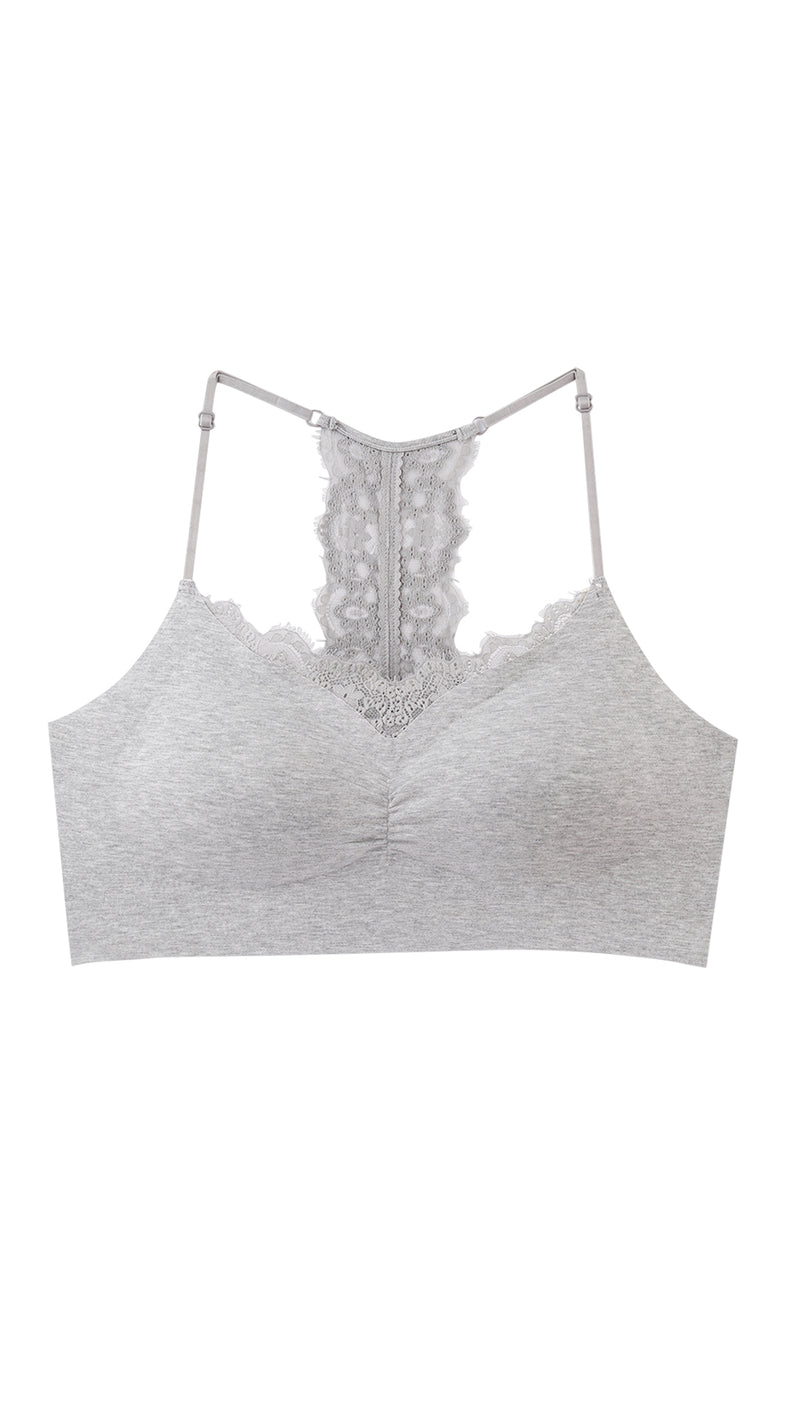 Product shot of grey racerback lace bralette on white background