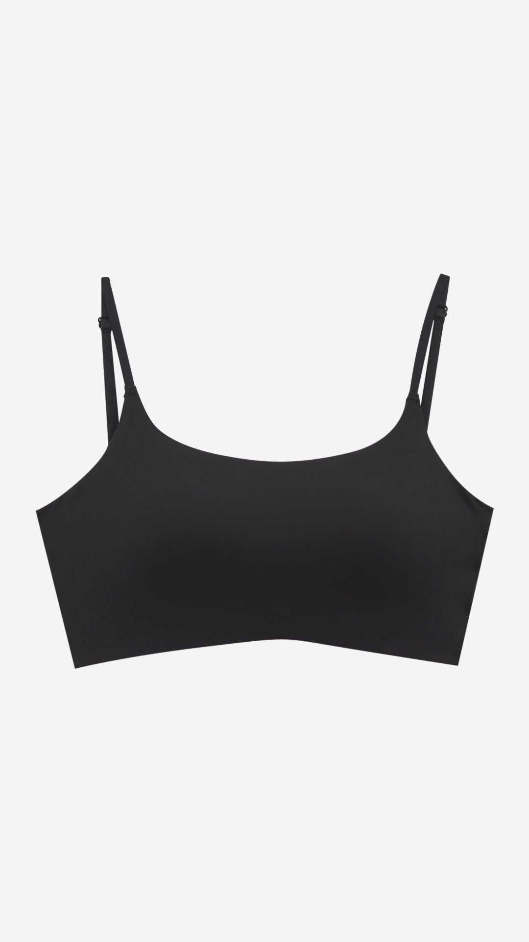 Black seamless cami bralette on white background, front flat lay