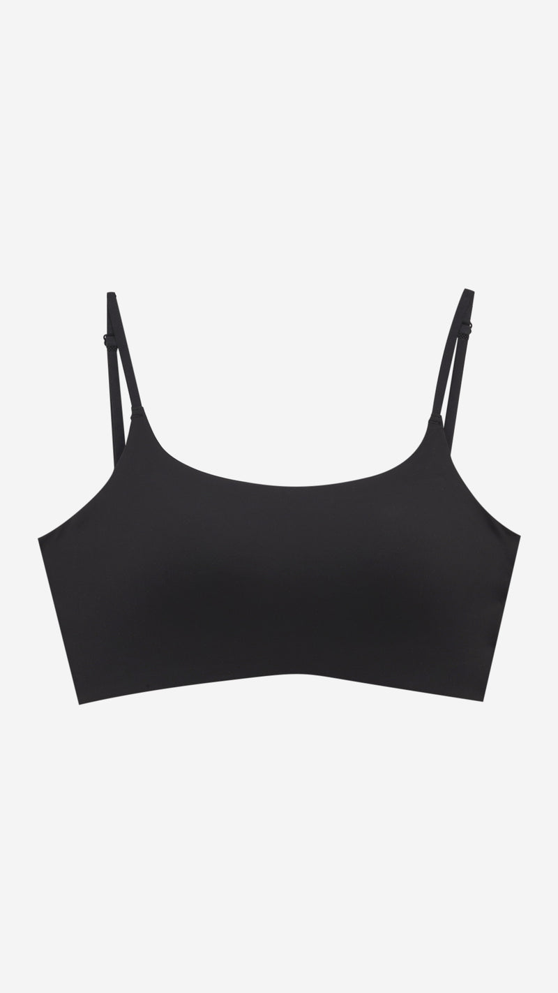 Black seamless cami bralette on white background, front flat lay