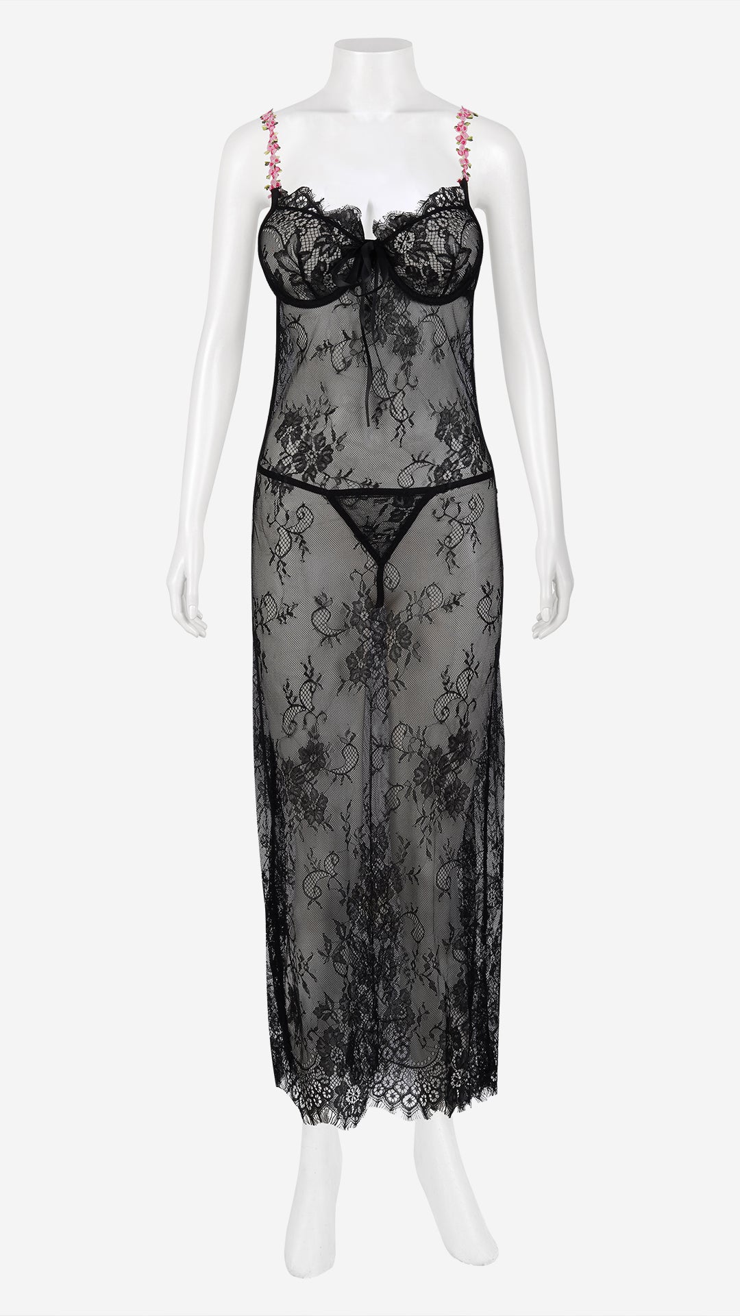 Black Sheer Lace Long Nightgown with Thong