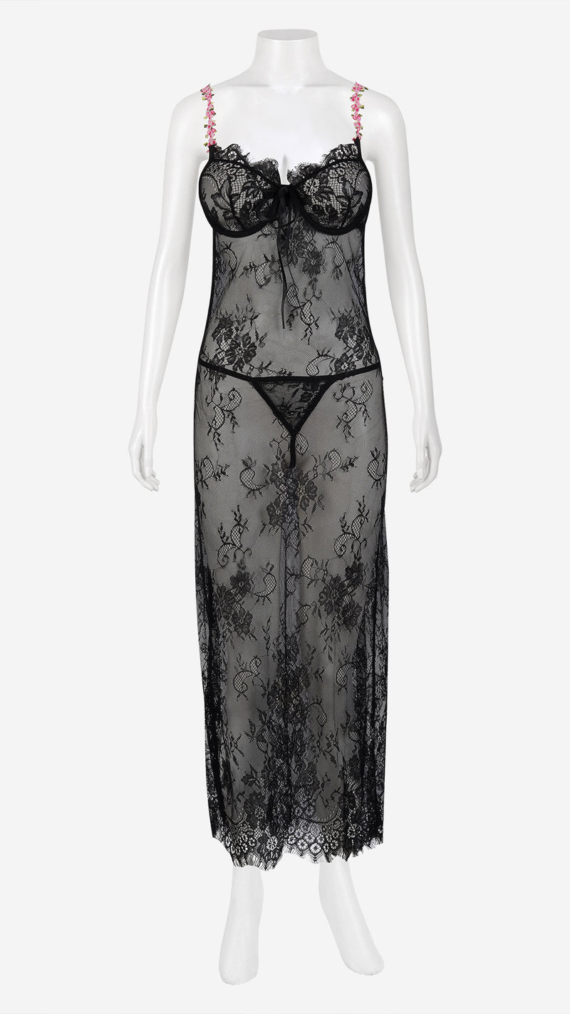 Black Sheer Lace Long Nightgown with Thong