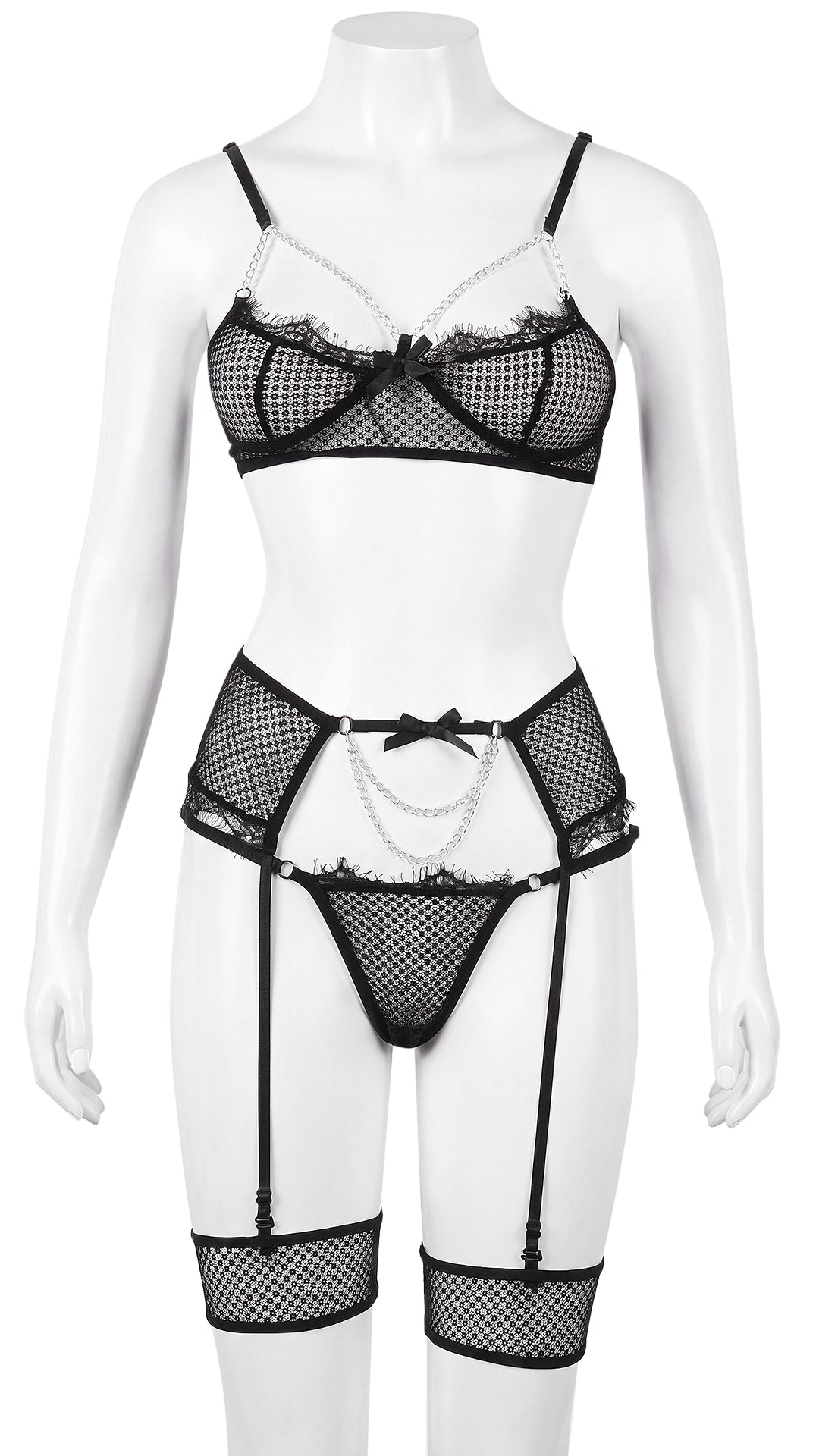 Fishnet bra and garter panty set displayed on mannequin, front view