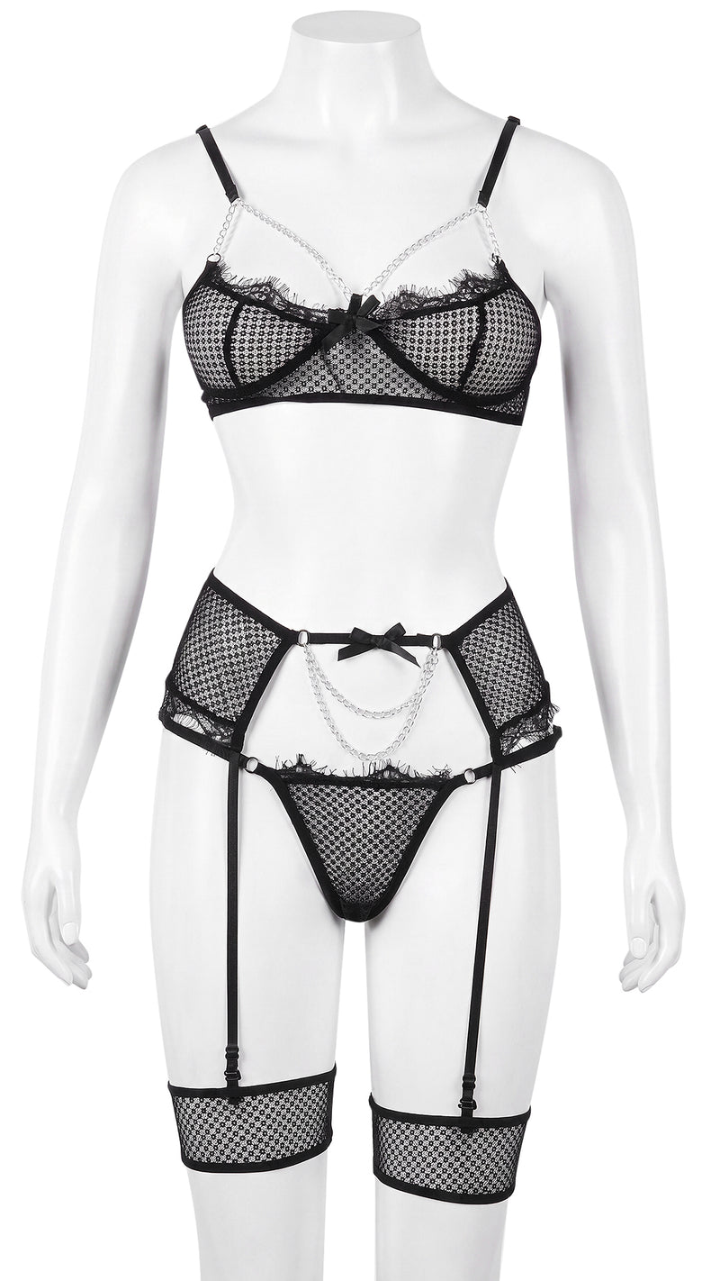 Fishnet bra and garter panty set displayed on mannequin, front view