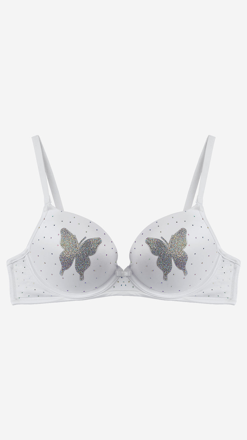 White Crystal Butterfly Push-Up Bra – Wired