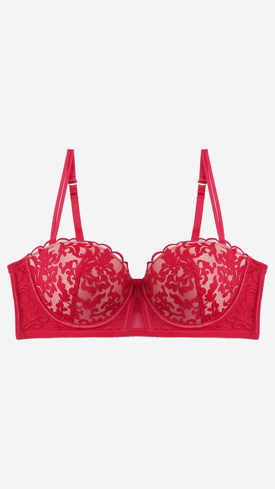 Red Sheer Lace Balconette Bra, Underwired