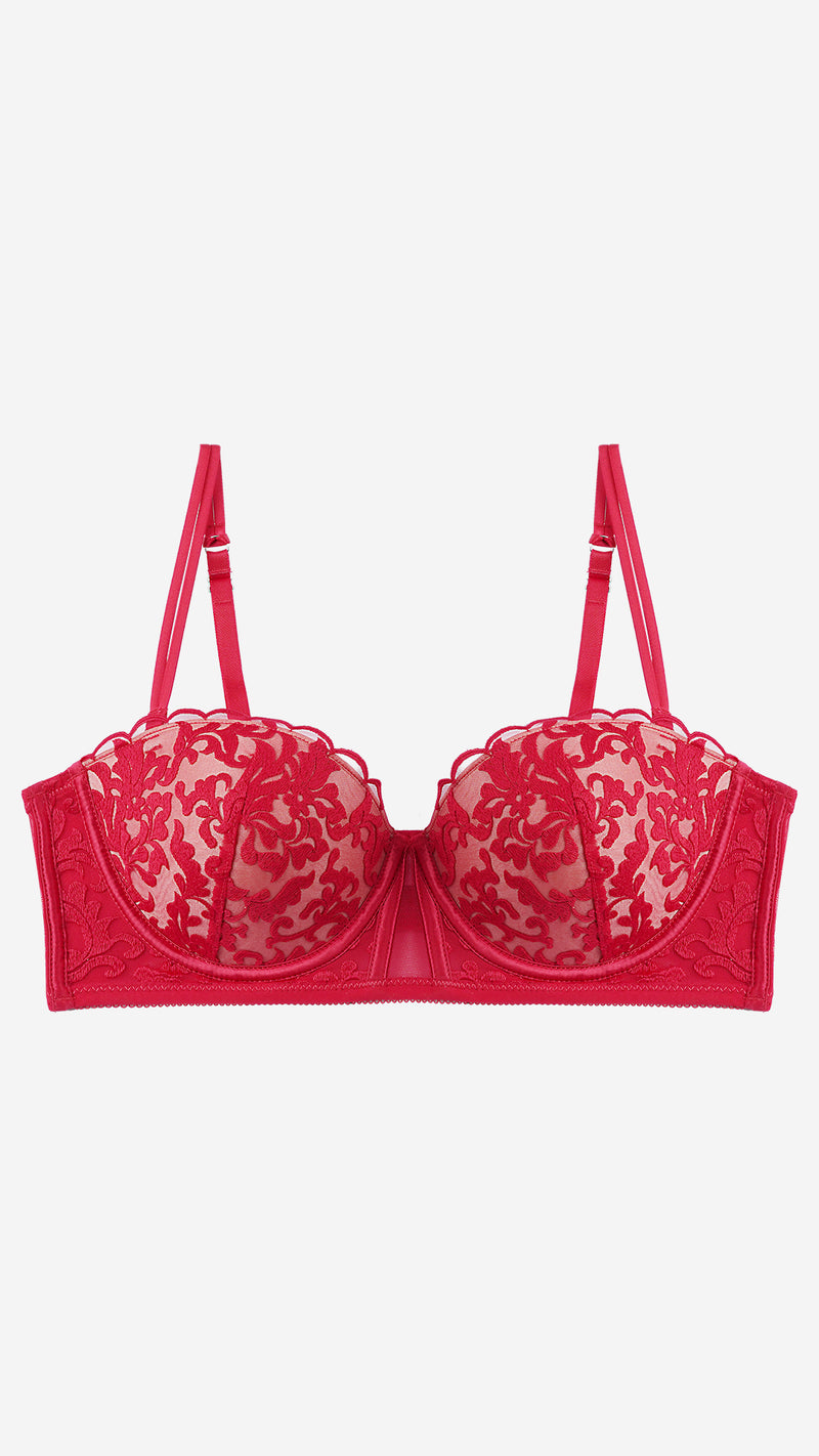 Red Sheer Lace Balconette Bra, Underwired