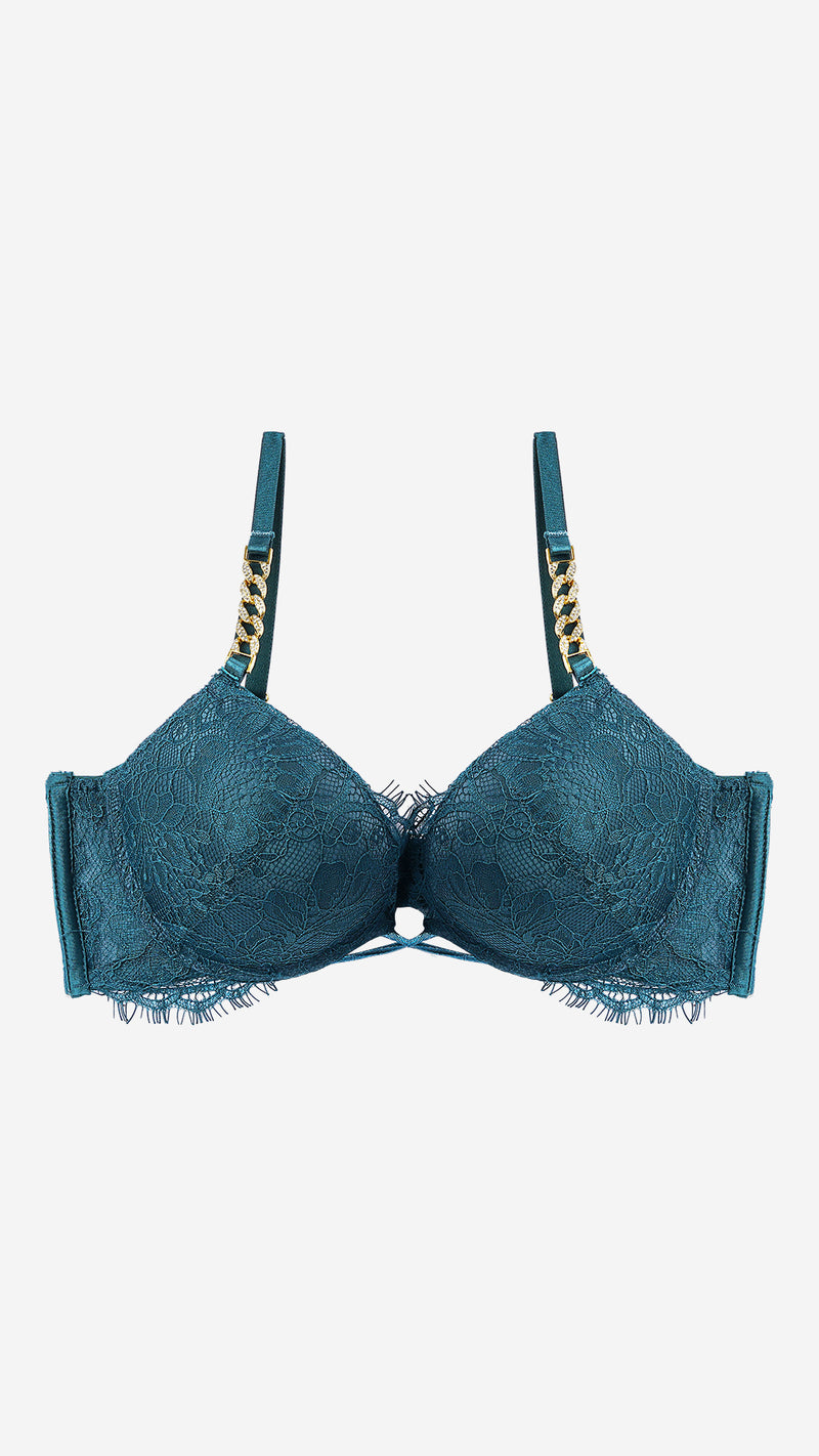 Emerald Lace Push-Up Bra with Chain Straps