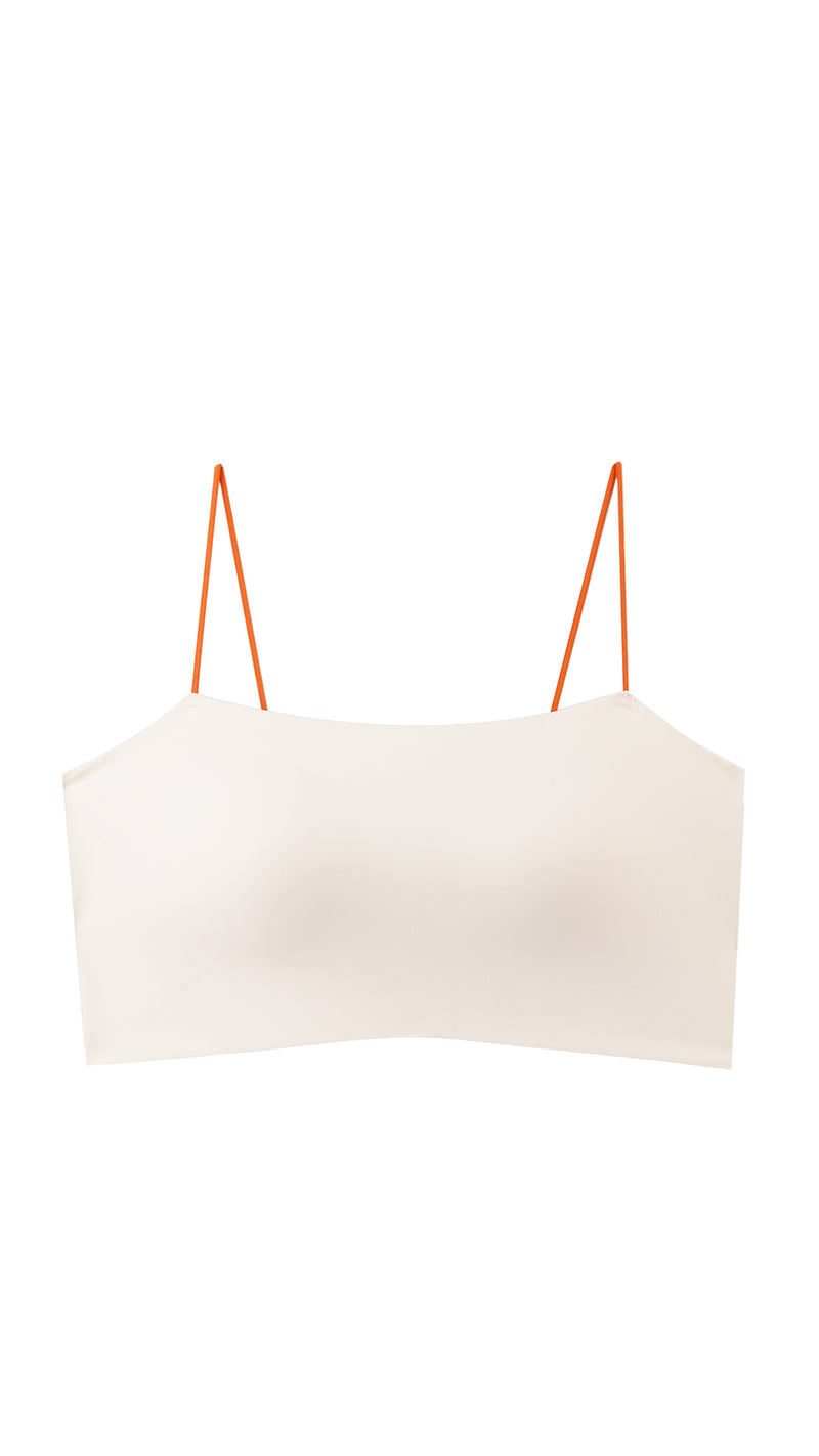 White Padded Cami Bralette flat lay with orange straps