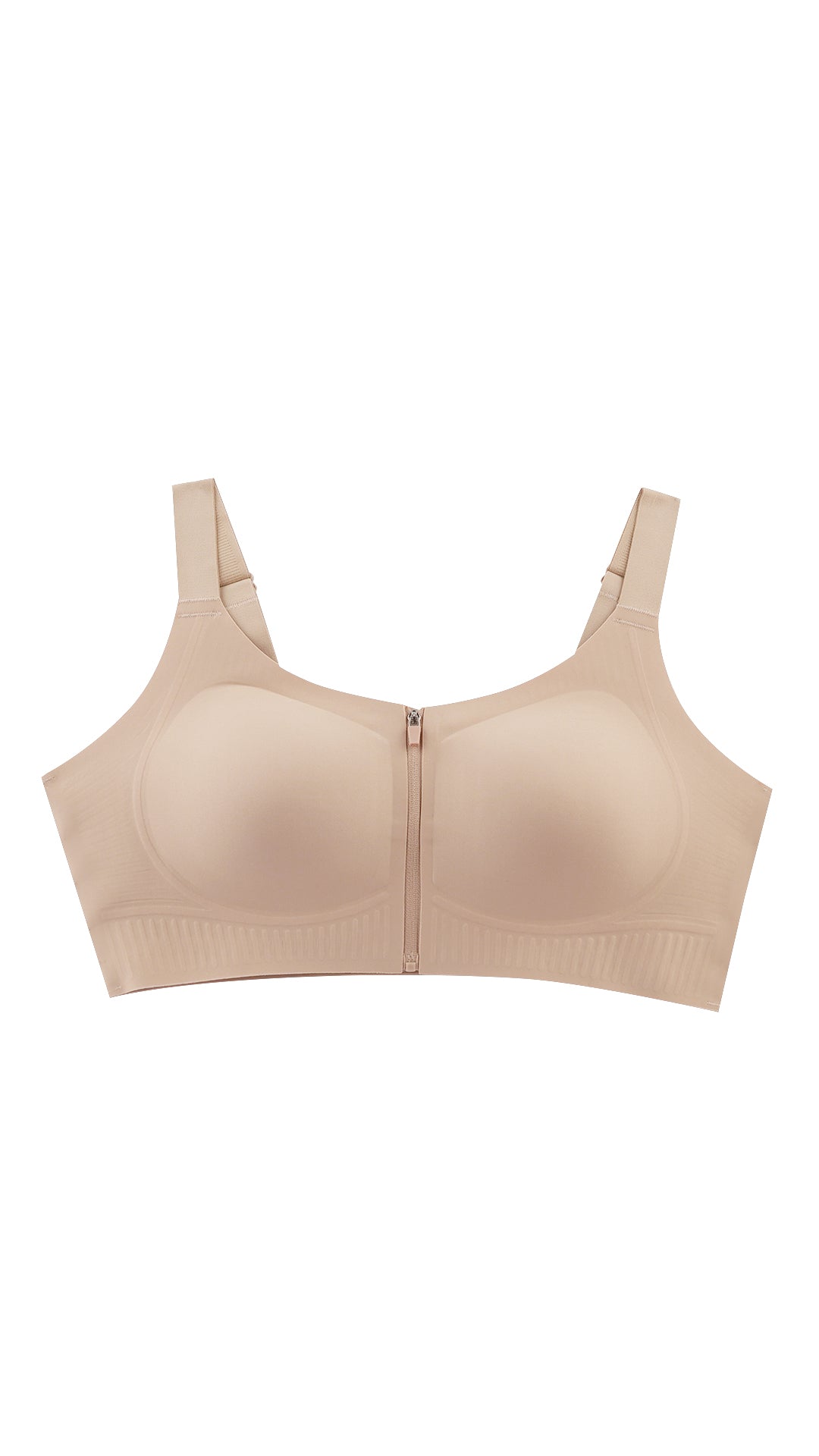 Product shot of beige front-zip sports bra on white background
