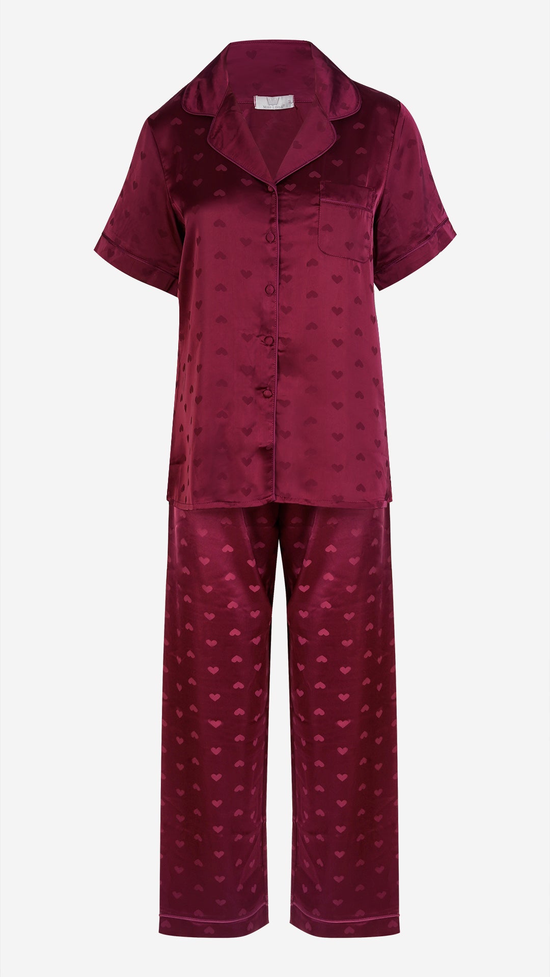 Wine Heart Jacquard Satin Pajama Set — Shirt, Shorts & Pants