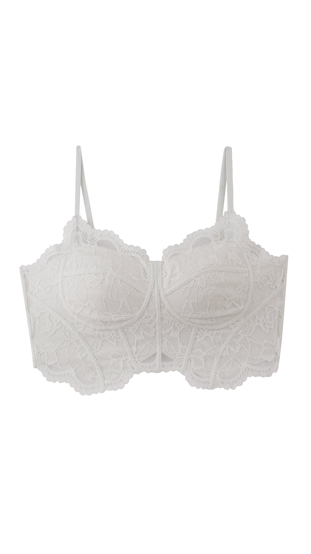 Product shot of white lace longline corset bra on white background