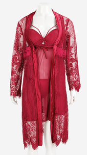 Satin-Trim Lace Robe & Power Net Padded Babydoll Set
