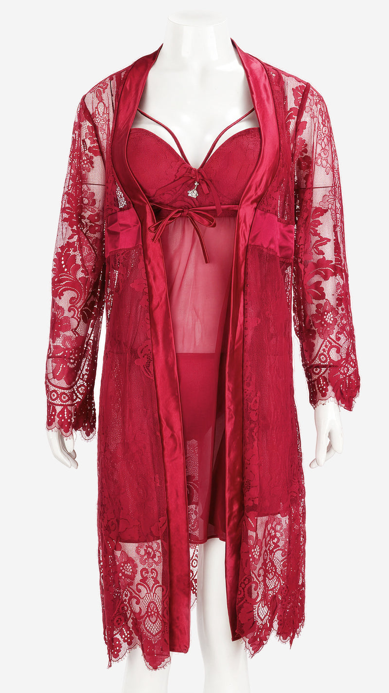 Satin-Trim Lace Robe & Power Net Padded Babydoll Set
