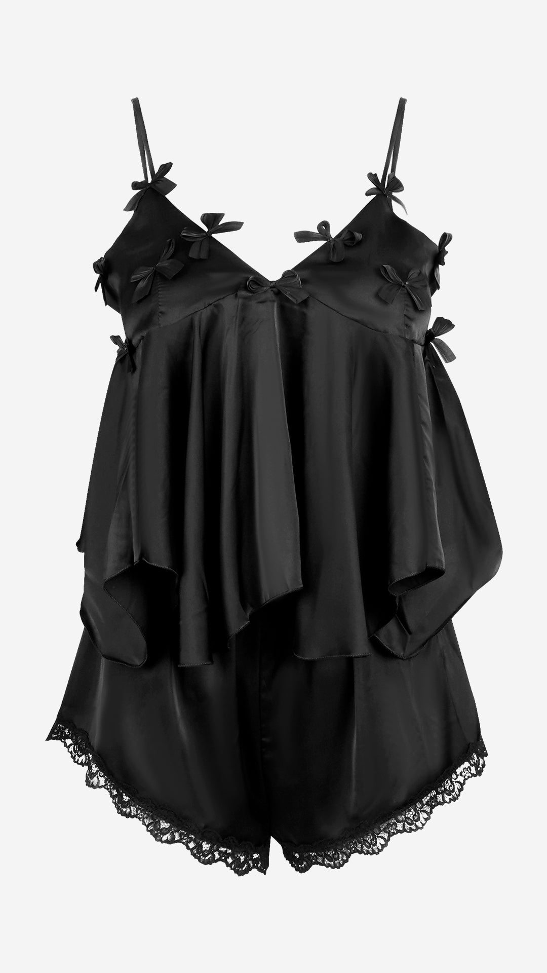 Black Satin Bow Cami & Shorts Set I Romantic Sleepwear