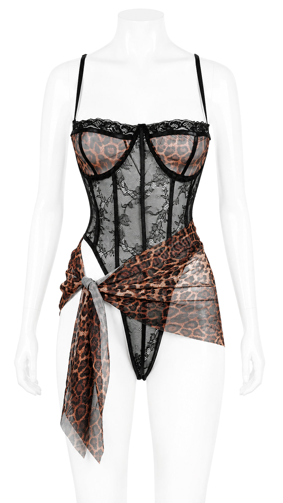 Black lace bodysuit with leopard print wrap on mannequin, front view