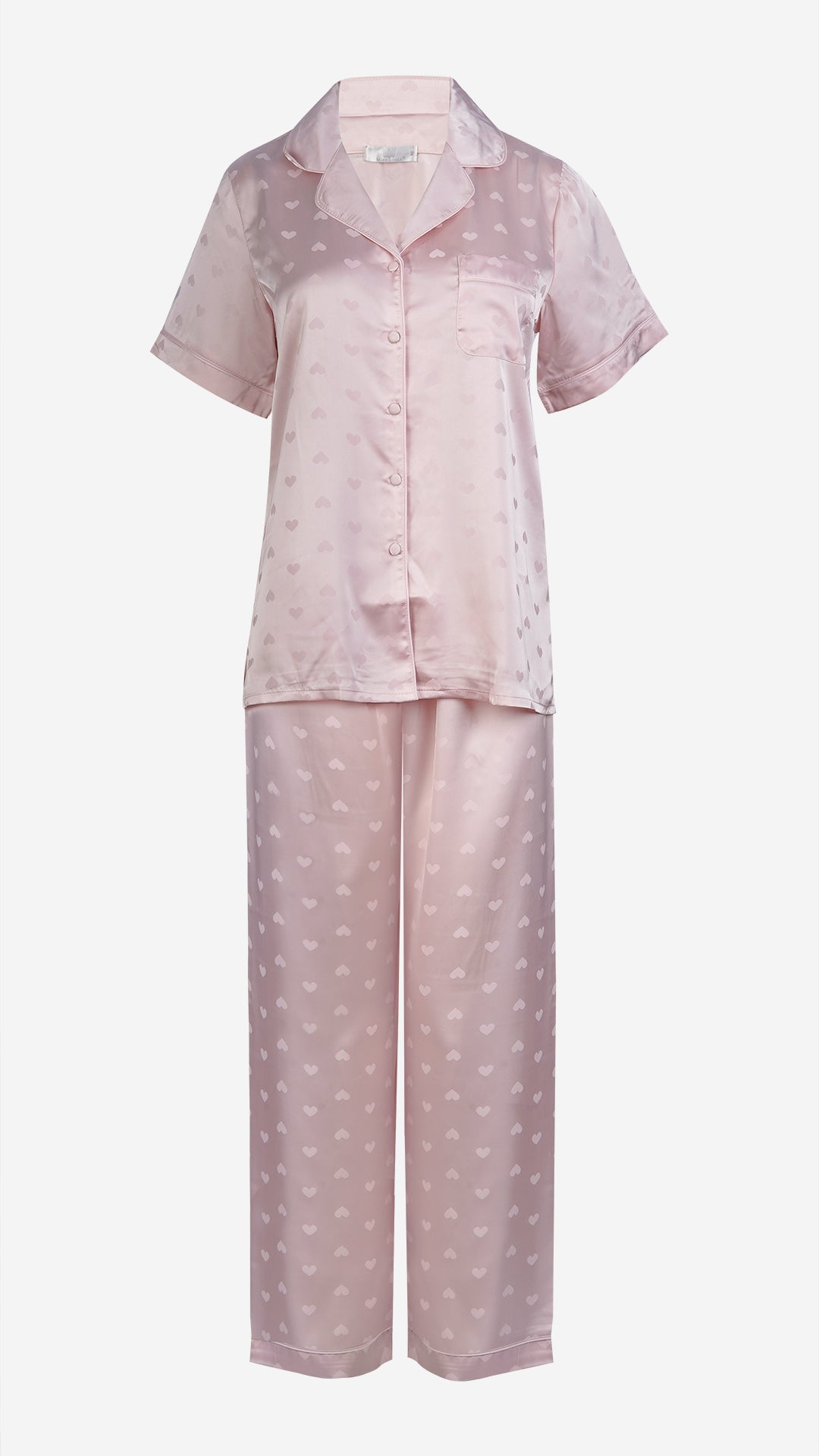 Pink Heart Jacquard Satin Pajama Set — Shirt, Shorts & Pants