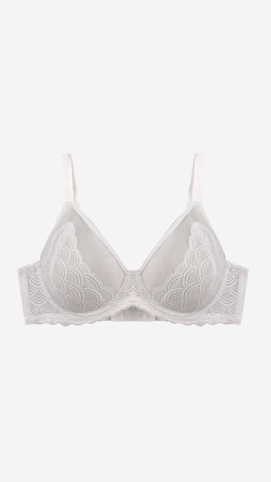 White sheer floral lace demi bra on white background, front flat lay