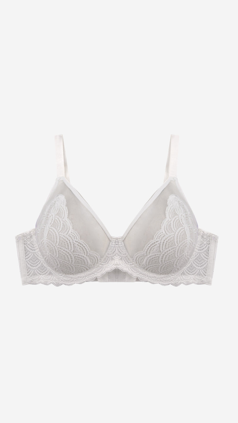 White sheer floral lace demi bra on white background, front flat lay